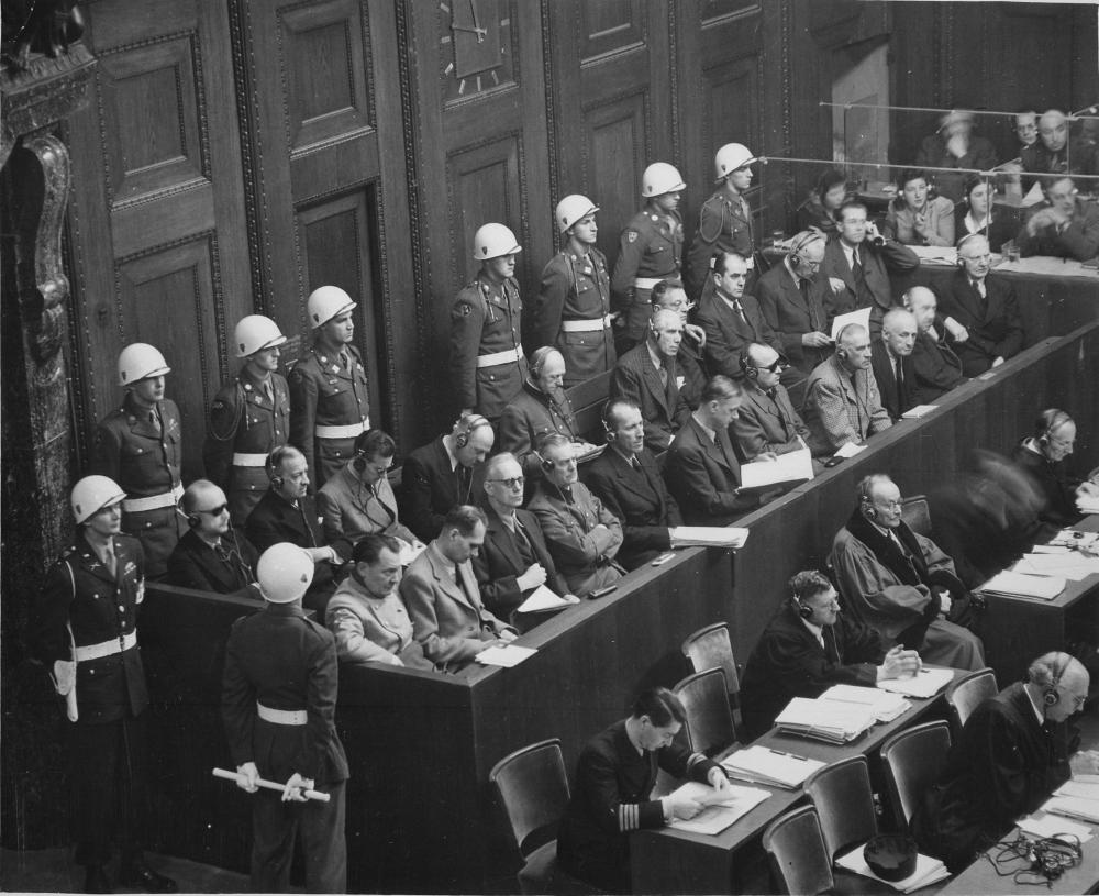 Nuremberg Trials: looking down on the defendants' dock. Ca. 1945-46.