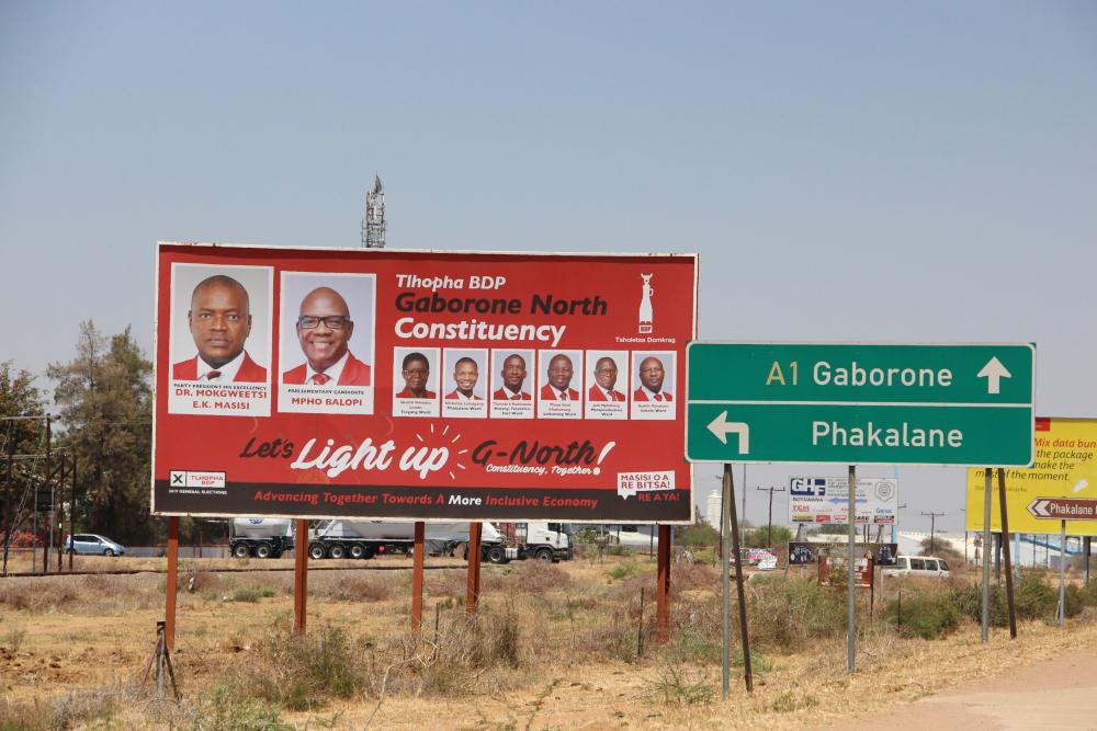  October 17th, 2019. Billboards promoting political parties in Botswana's October 23rd 2019 general elections.