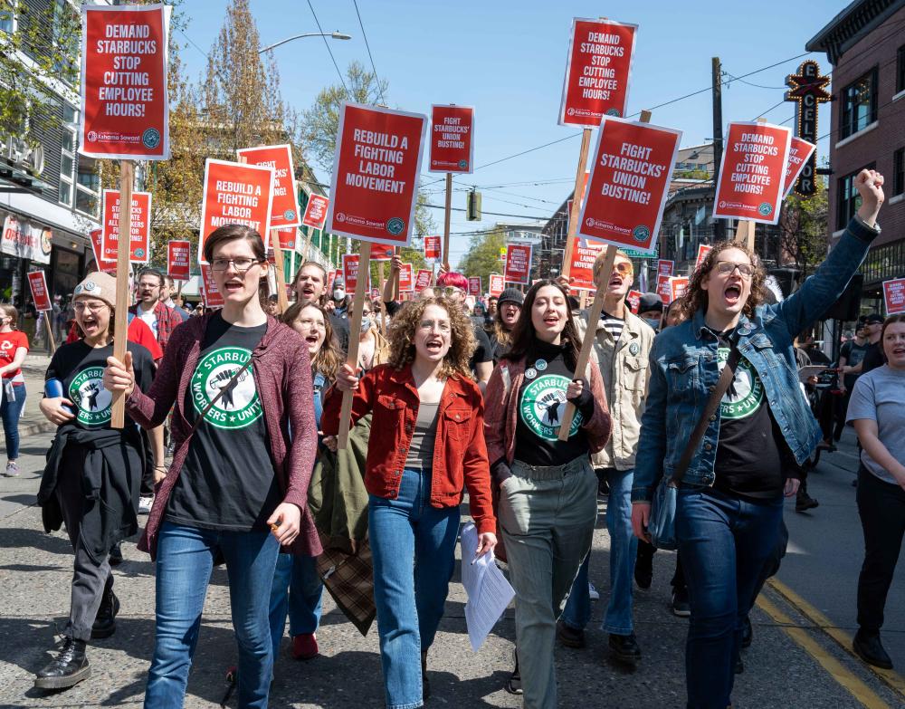 Starbucks workers rally and march in Seattle WA in 2022