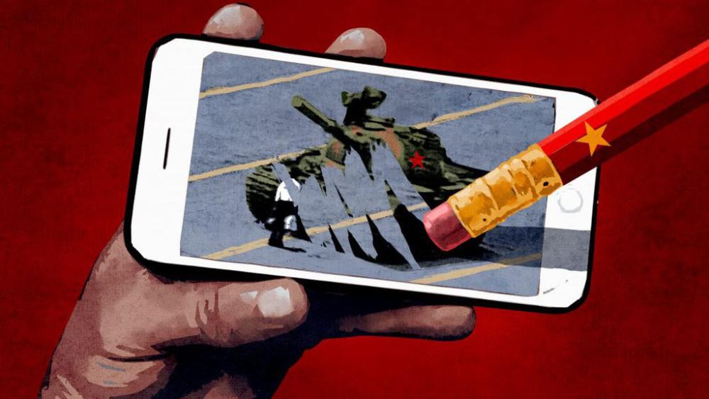 Illustration of hand holding a cell phone on which there is an image of a lone man standing in front of a tank with a red star being partially erased by a red pencil with a yellow star