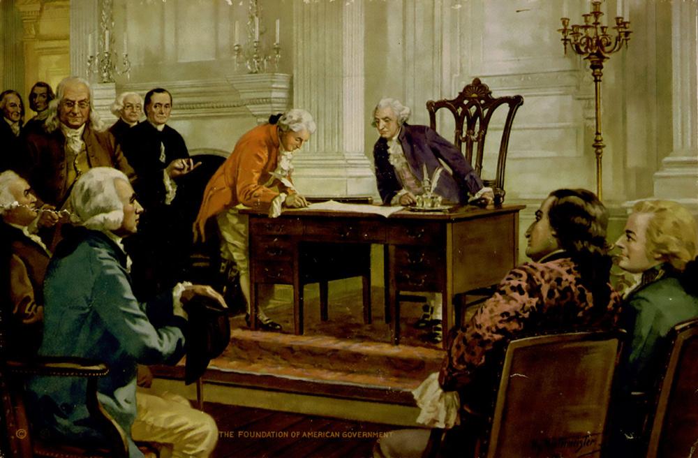 The signing of the United States Constitution by Gouvernor Morris, a delegate to the Constitutional Convention, presided by George Washington. Other prominent delegates are behind Morris. Painting by Henry Hintermeister.