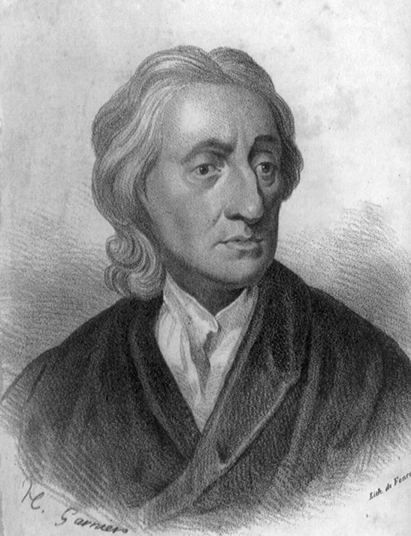 A black and white portrait of John Locke; his left eyebrow slightly raised with shoulder length white hair wearing a white collar shirt under a dark cloak. There are cursive signatures on the left and right below his chest.