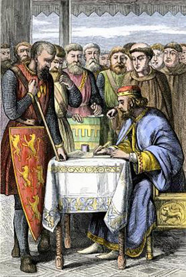 King John of England signing the Magna Carta on June 15, 1215 before assembled nobles at Runnymede, England
