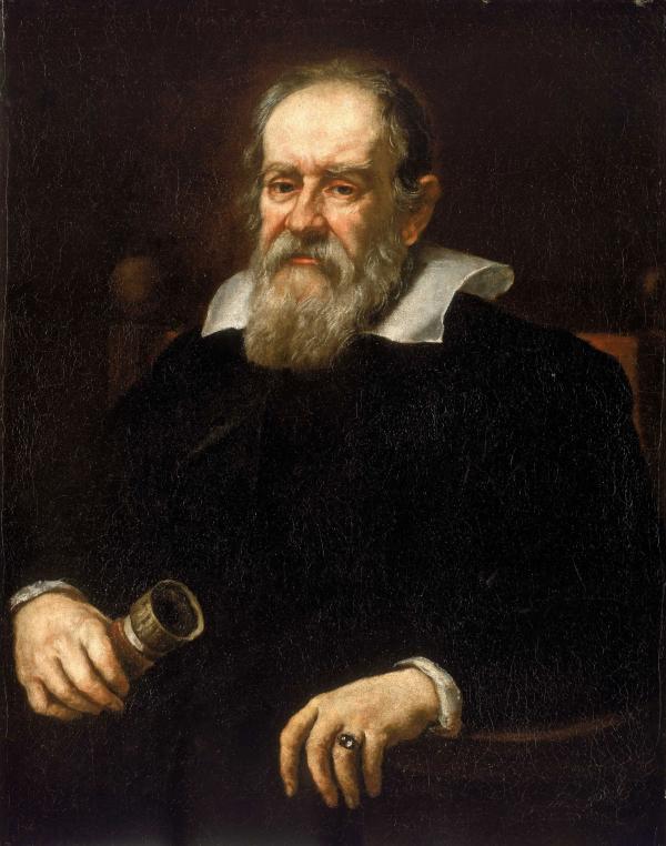 A half-length portrait, in old age, of the Italian mathematician, philosopher and astronomer Gallileo Gallilei. He is dressed in black, wears a white beard and is seated in a chair holding a telescope in his right hand.