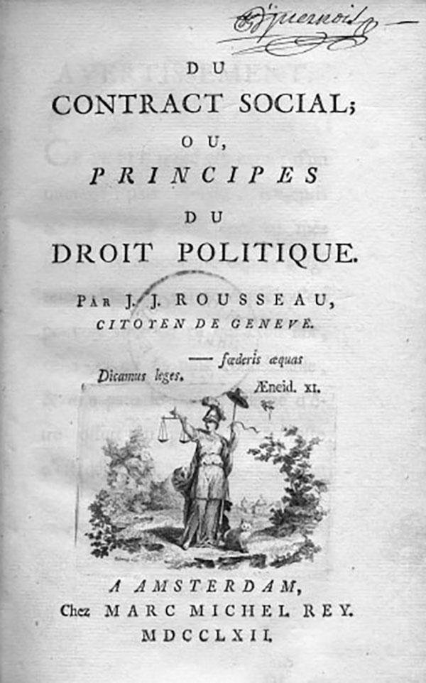 Black and white version of Social Contract in French; half-way down page is author information 'Par. J. J. Rousseau'. three-quarters down the page, an image of goddess of liberty holding scales in forest with a cat by her feet